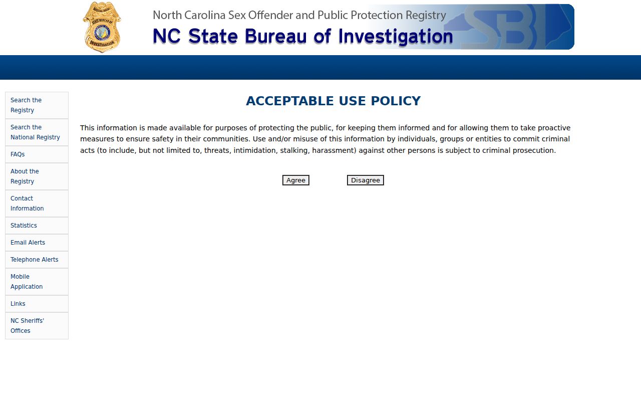 Pasquotank County sex offender registry acceptable-use screen